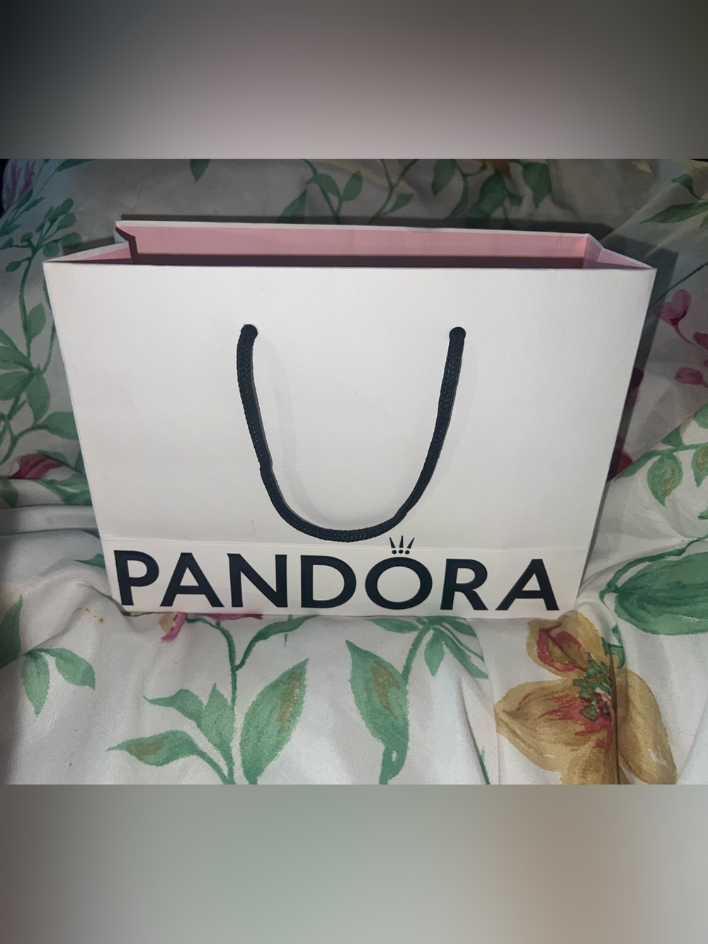 Pandora White and Pink Branded Tote with Black Rope Handles